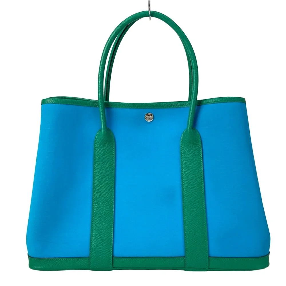 Hermès Garden Party PM Tote Bag blue aztec Vert Jade Toile Officier Veau Epsom - Picture 1 of 16